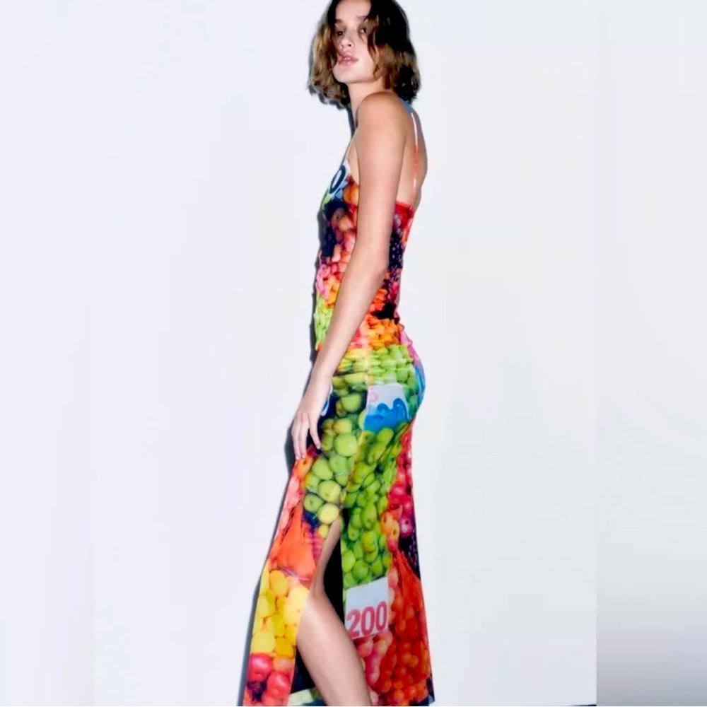 ZARA ALL OVER FRUIT PRINT STRAPPY MIDI DRESS BLOGGERS FAV